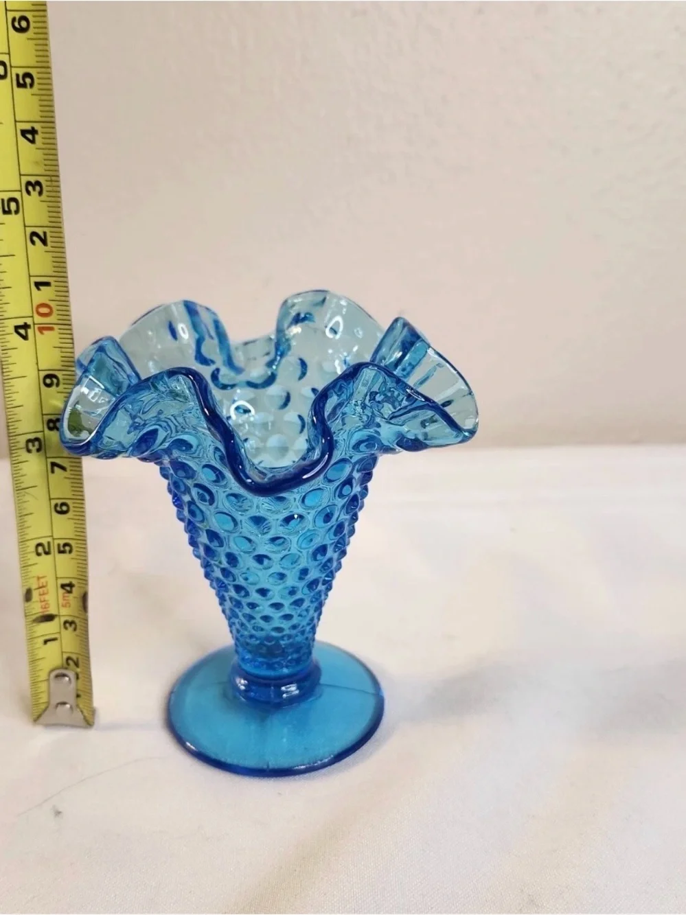Vintage Fenton Blue Ruffled Edge Hobnail Glass Small Pedestal Vase